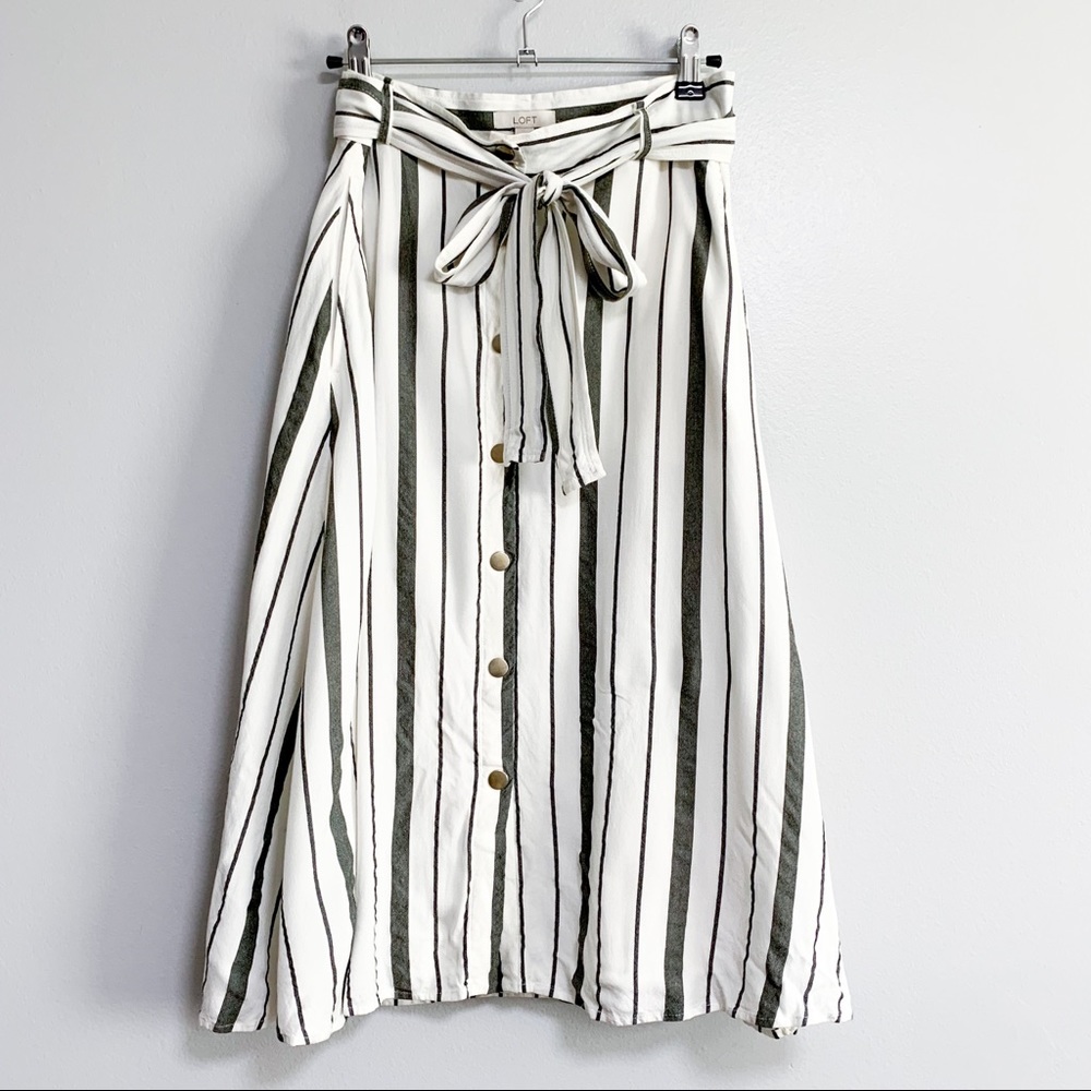 Loft Ann Taylor Vertical Striped Snap Front Tie Waist A-Line Skirt Size 4
